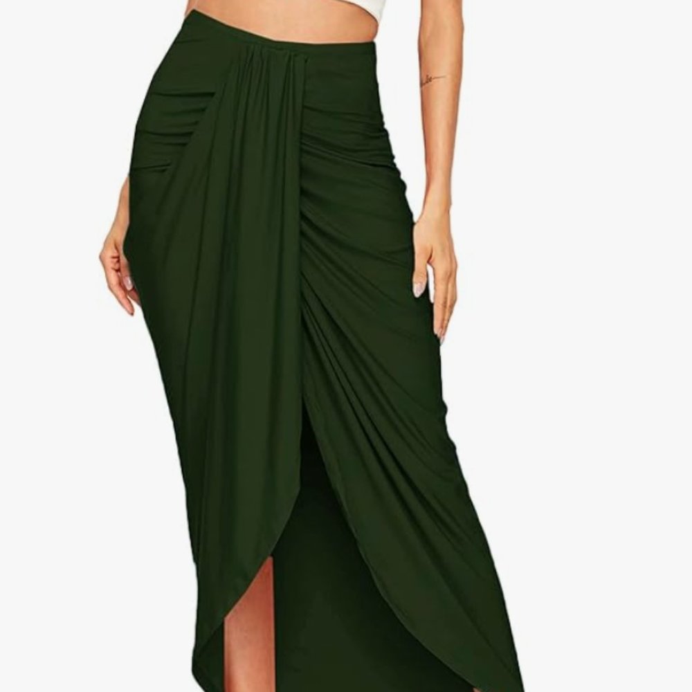 NWOT SheIn Women's Casual Slit Wrap Asymmetrical High Waist Maxi Draped Skirt